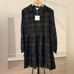 beachlunchlounge Dark Green and Black Plaid Shirt Dress
